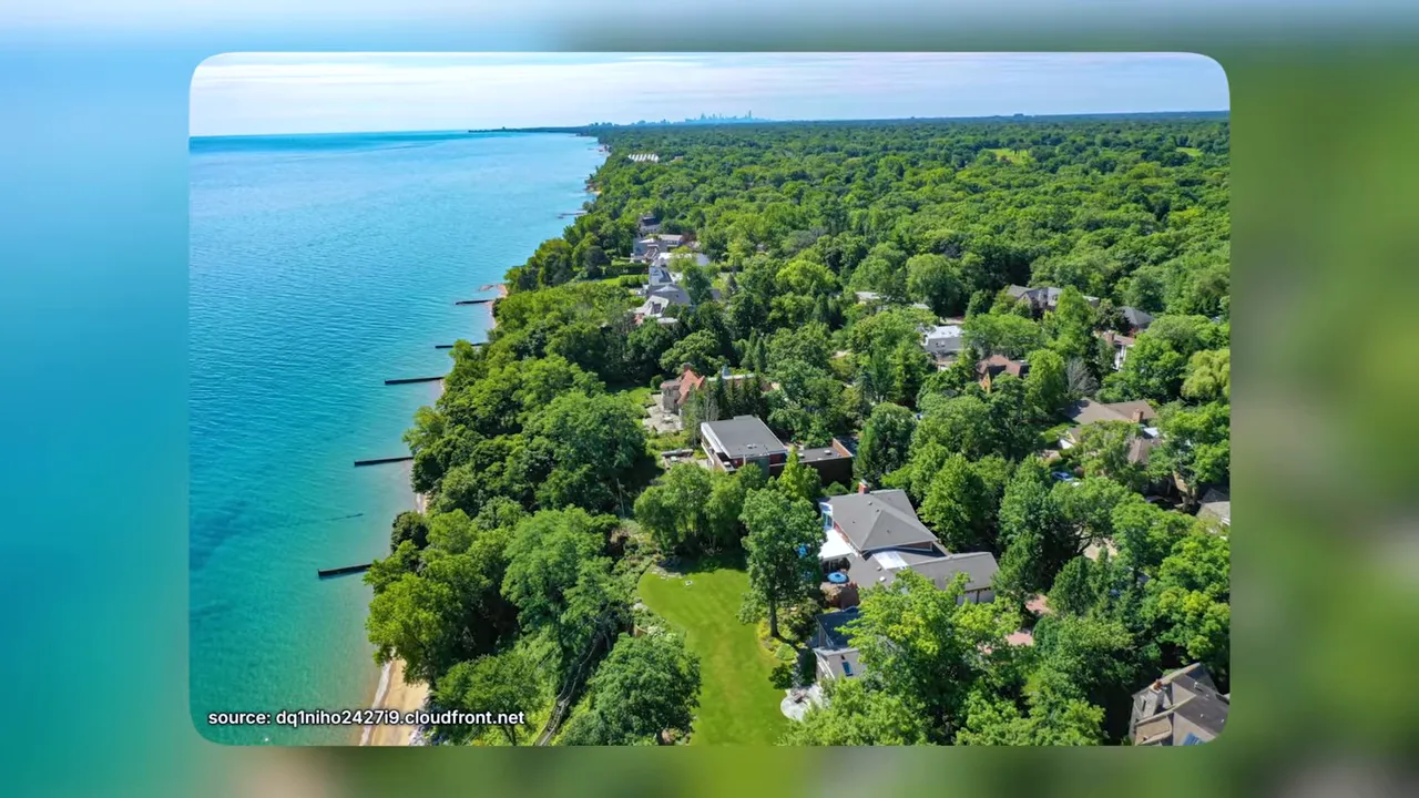Aerial view of tree-covered homes along the Lake Michigan shoreline