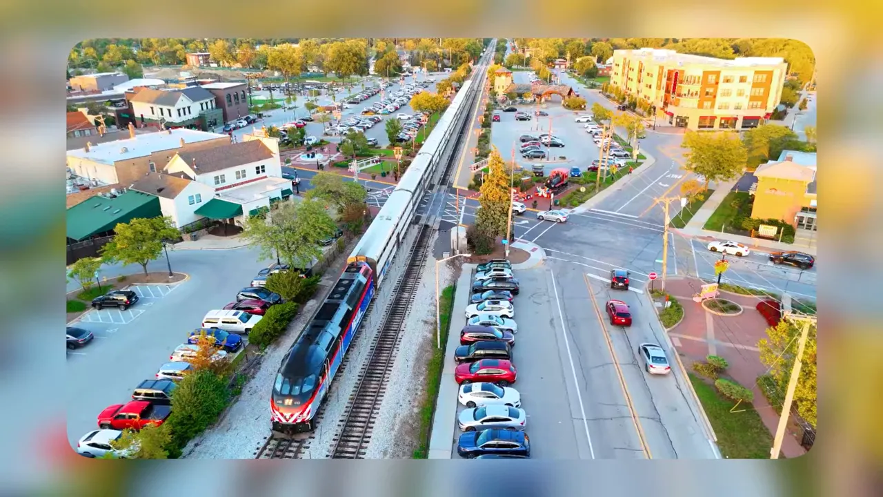 Metra train traveling through downtown Tinley Park beside parking lots, roads, and nearby buildings