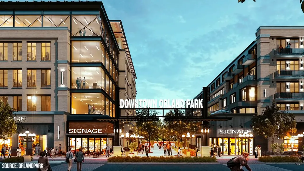 Conceptual downtown rendering with multistory buildings, ground-floor storefronts, and a pedestrian plaza