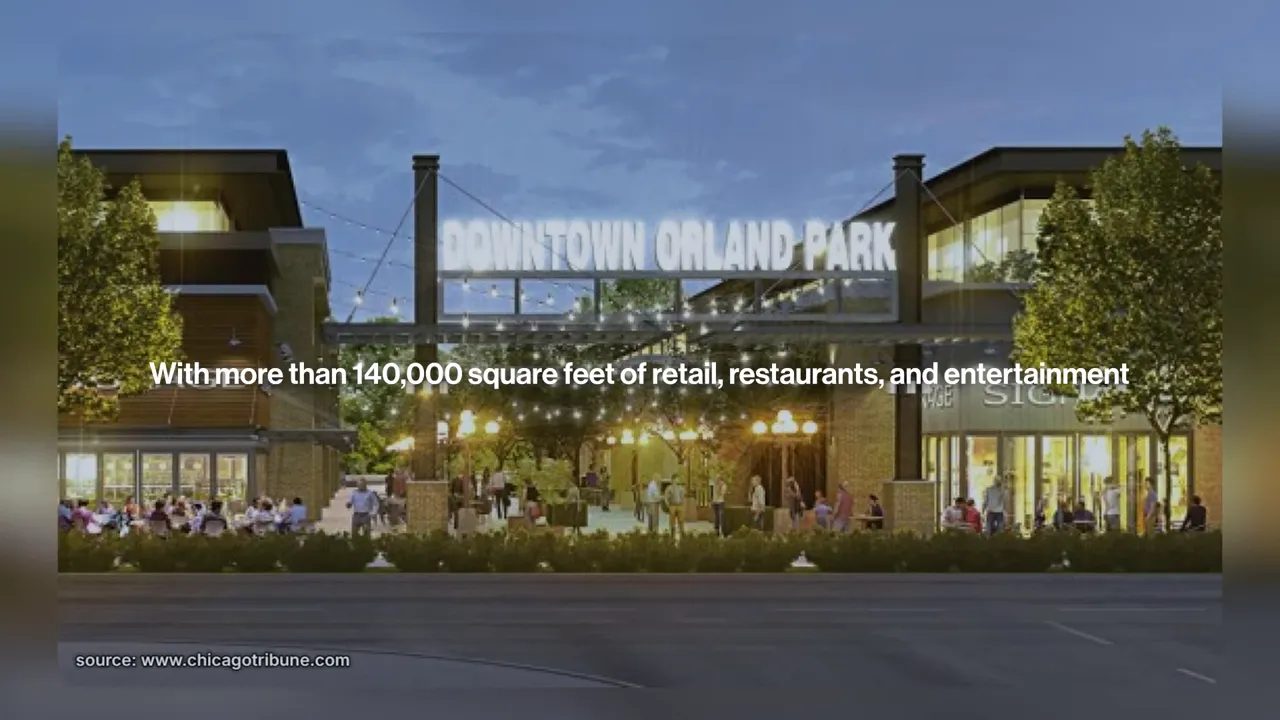 Rendering of a landscaped development entrance labeled Downtown Orland Park
