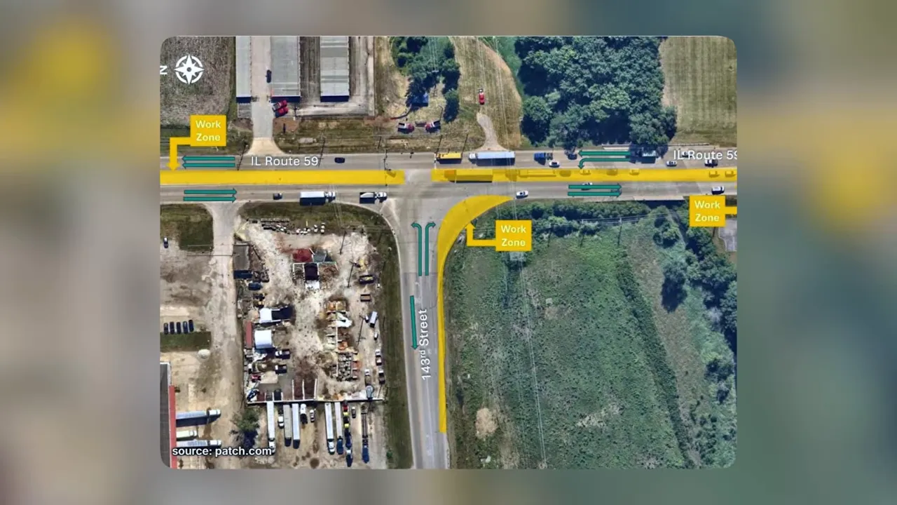 Aerial road-project map with a corridor and intersection areas highlighted in yellow