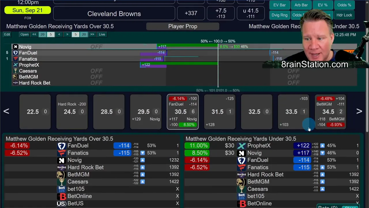 player prop showing Matthew Golden receiving yards under 30 with plus money at Novig