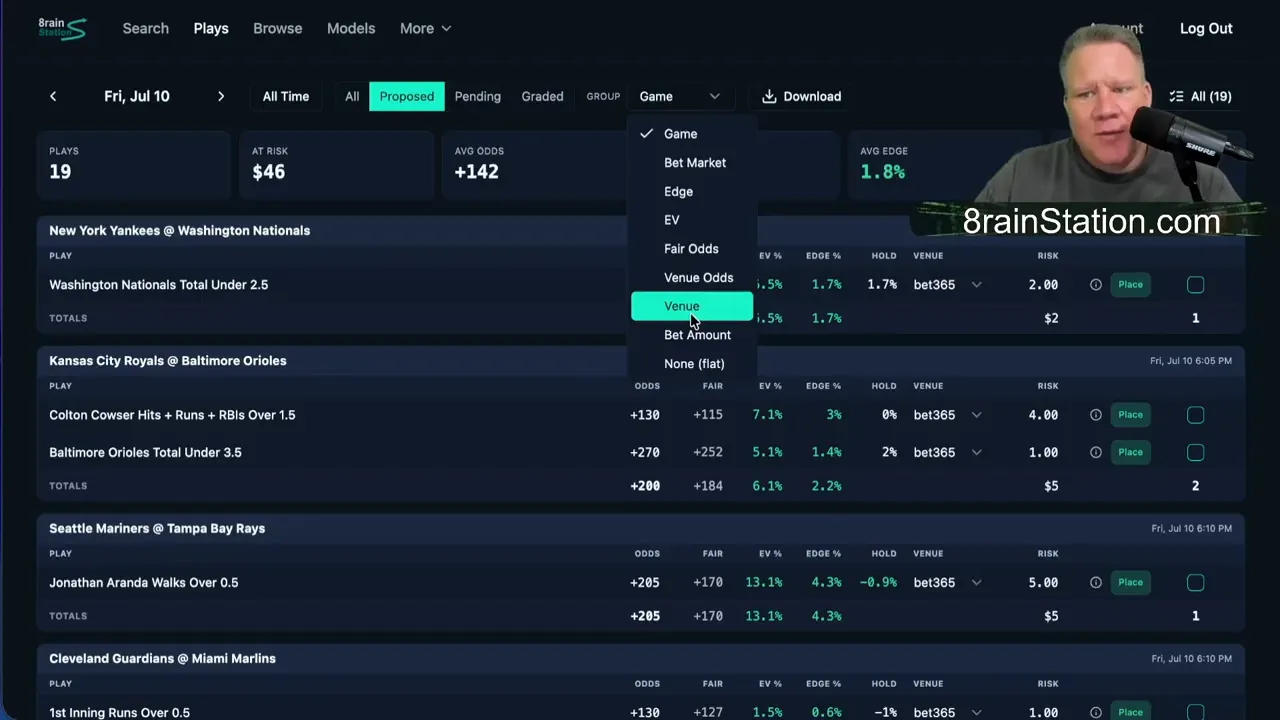Portfolio sorted by venue with sportsbook groups and lists of bets organized under each book