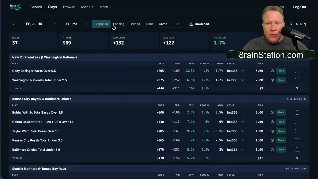 Proposed plays page showing portfolio metrics and a long list of recommended bets with odds and edge columns