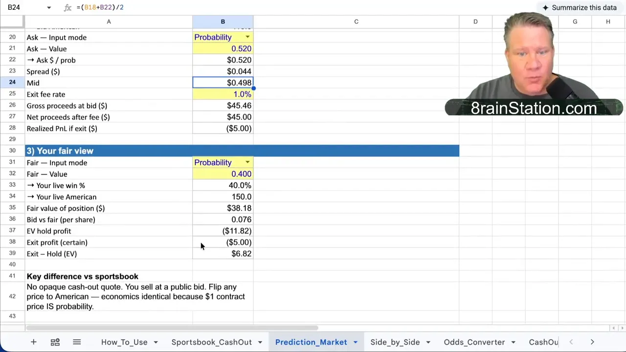Prediction market exit spreadsheet showing exit at bid, live state, and hedge calculations