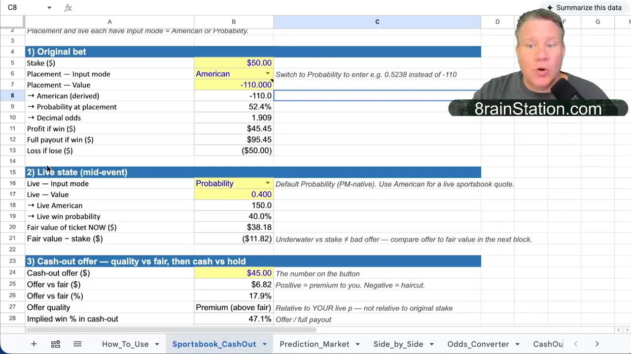 Spreadsheet showing sportsbook cash out inputs, live state probability, and cash out offer