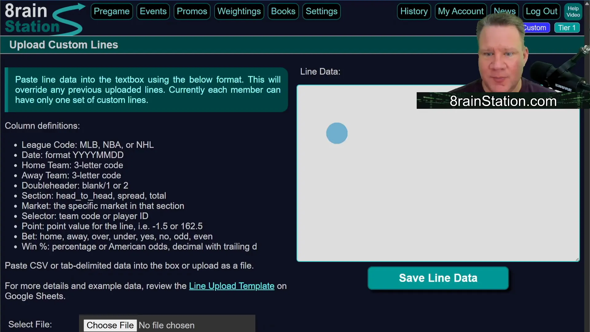 Custom line upload page in 8rain Station software