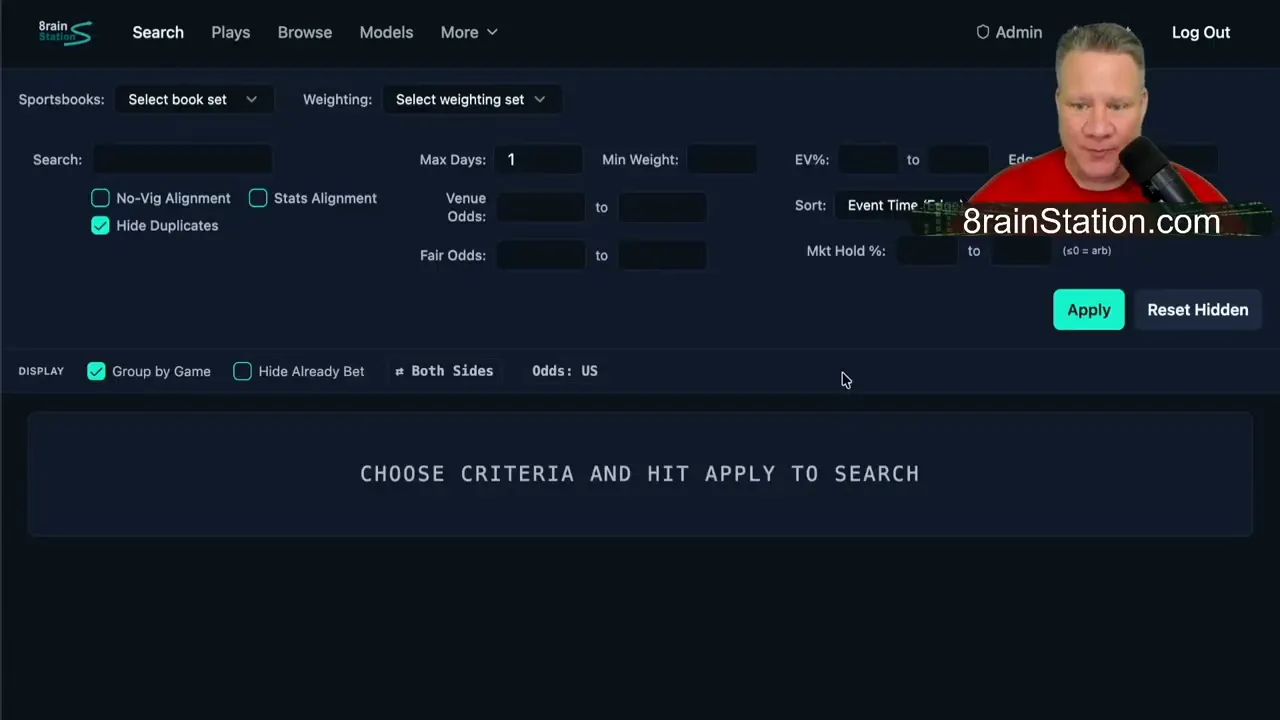 Search page with filters for sportsbook, market hold, EV, sort order, and apply button