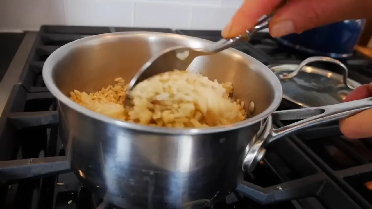 Cooked brown rice in a pot