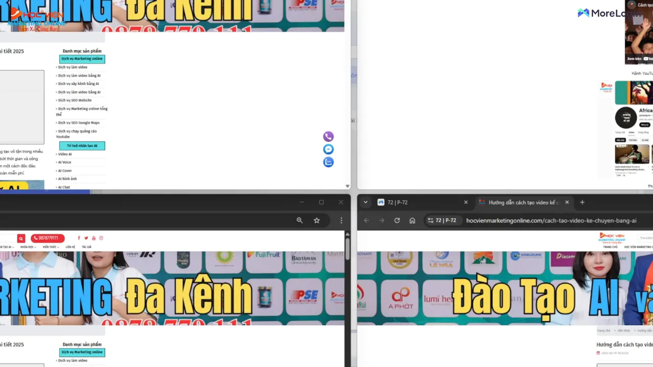 Bốn cửa sổ trình duyệt hiển thị các trang web khác nhau cùng lúc