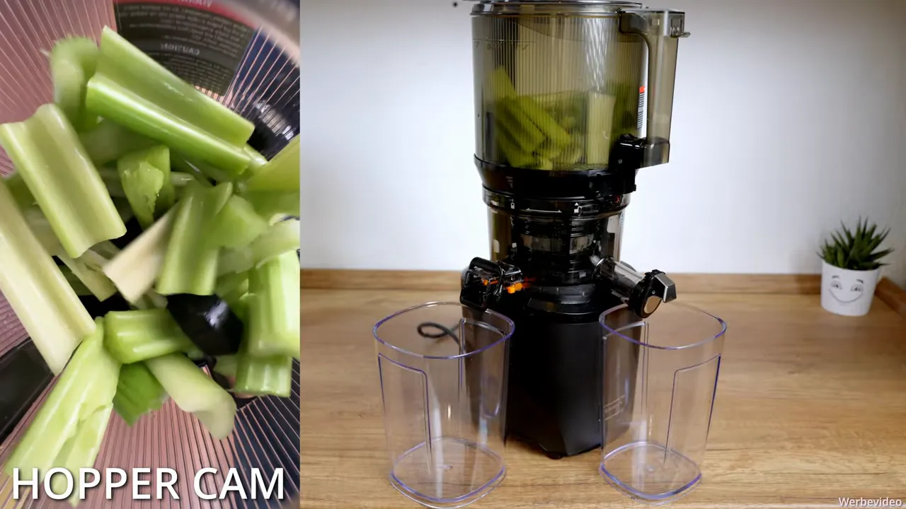 Split‑View: Hopper‑Cam mit Sellerie und Kuvings AUTO10S Gesamtansicht