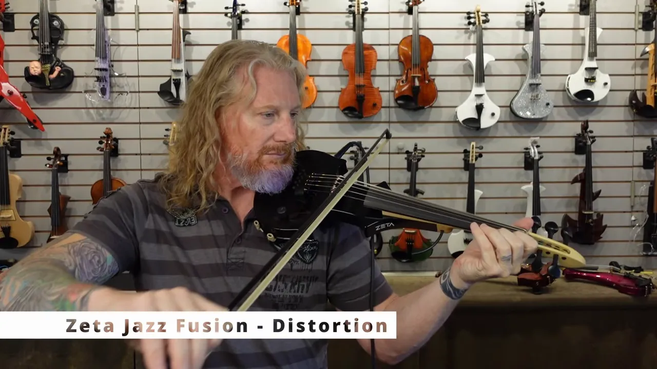 Player performing on a black Zeta Jazz Fusion electric violin with Zeta Jazz Fusion Distortion label