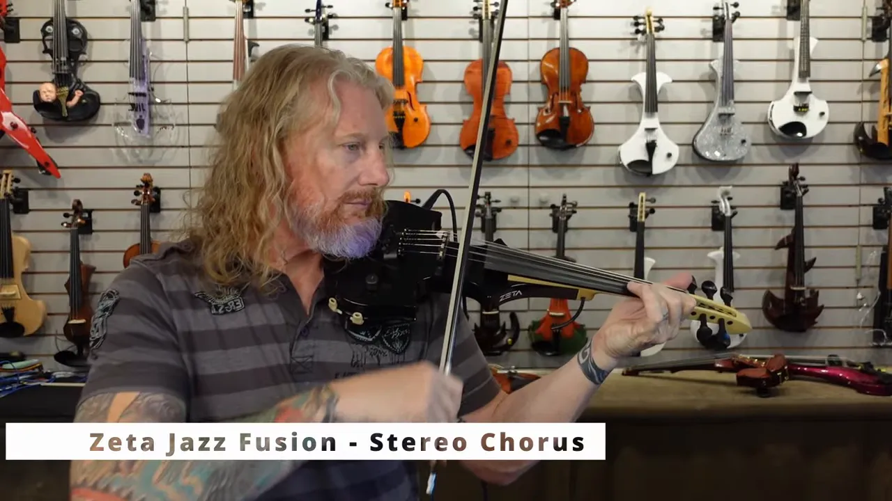Player performing on a black Zeta Jazz Fusion electric violin with Zeta Jazz Fusion Stereo Chorus label