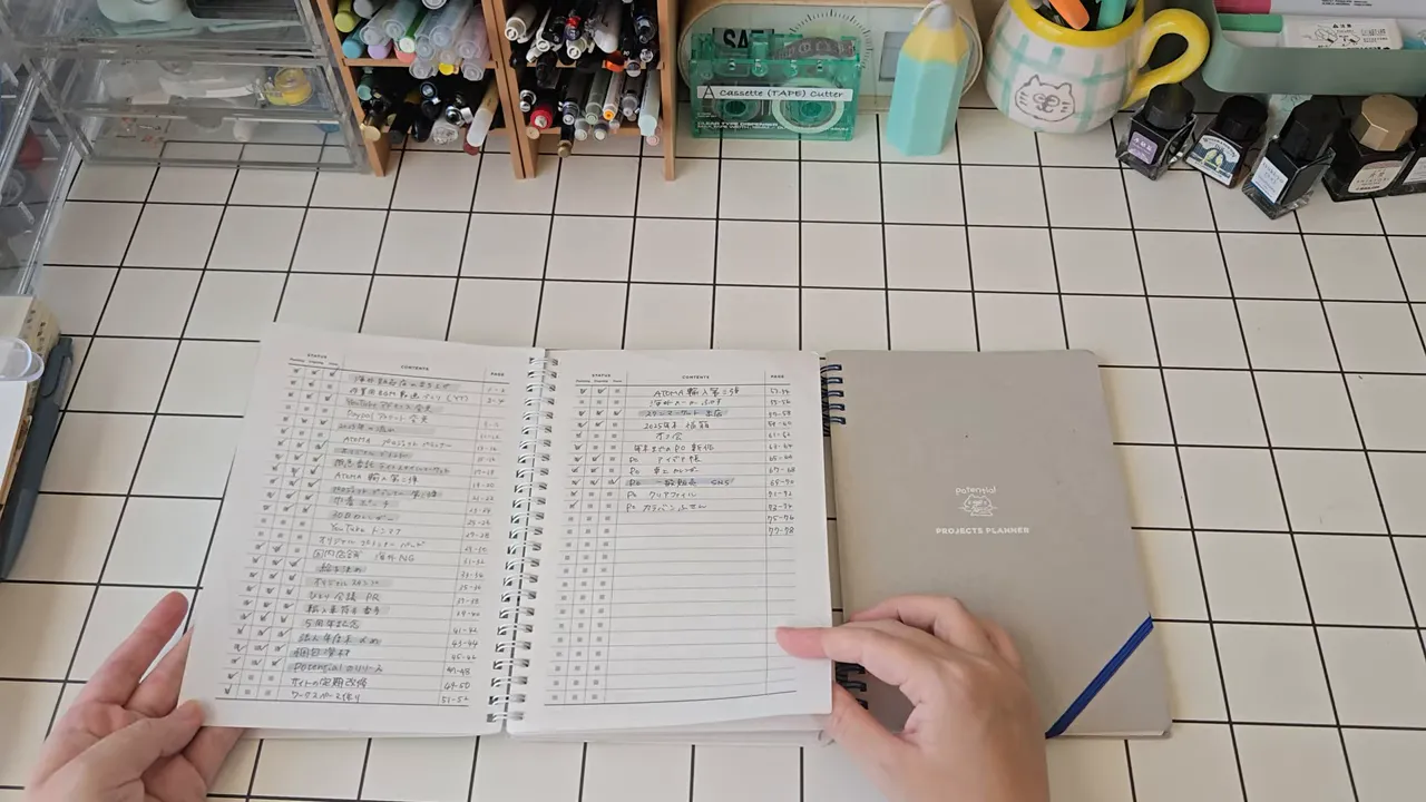 プロジェクトの目次が書かれたノートの見開き写真