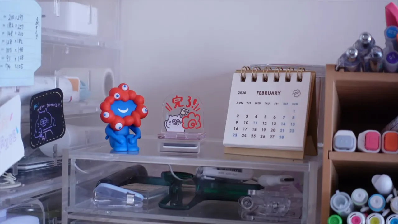 机の上に飾られたアクリルスタンド付きの「完了」浸透印とミニカレンダーの写真