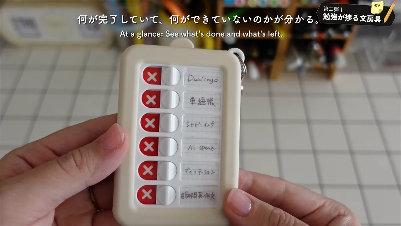 赤いバツ印と青い丸印のスイッチが並ぶTODOキーホルダー