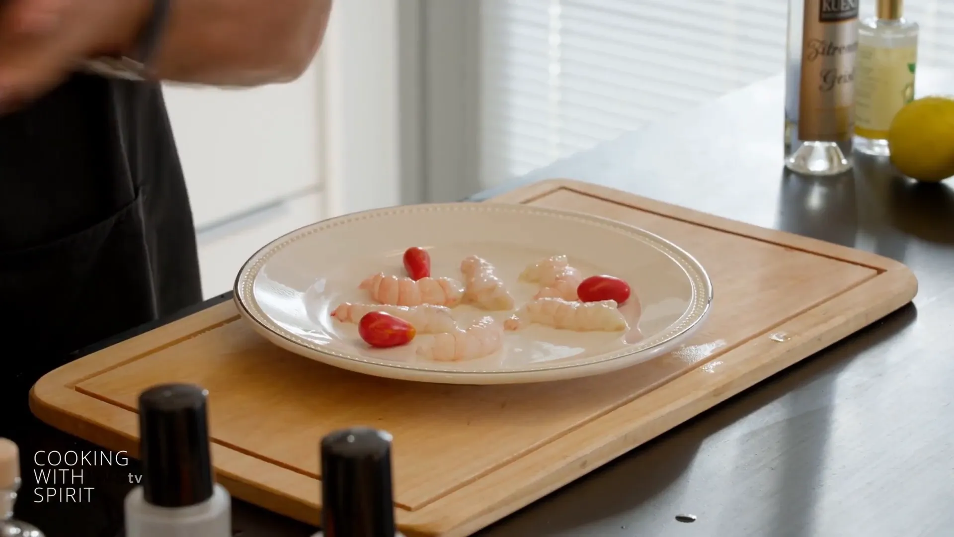Shelled scampi meat arranged on a chilled plate