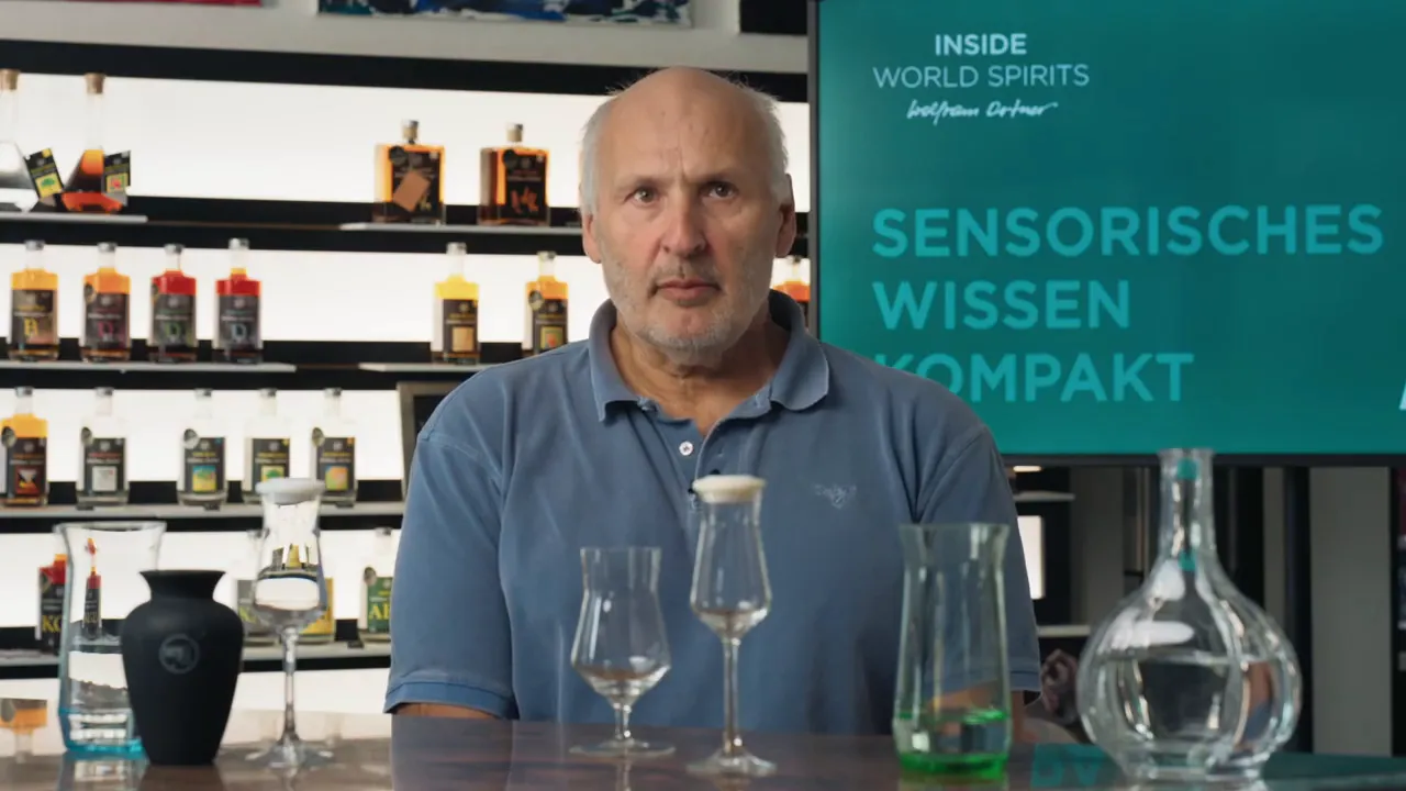 Experte sitzt hinter Verkostungs­gläsern und Flaschen, Bildschirm mit 'Sensorisches Wissen' im Hintergrund