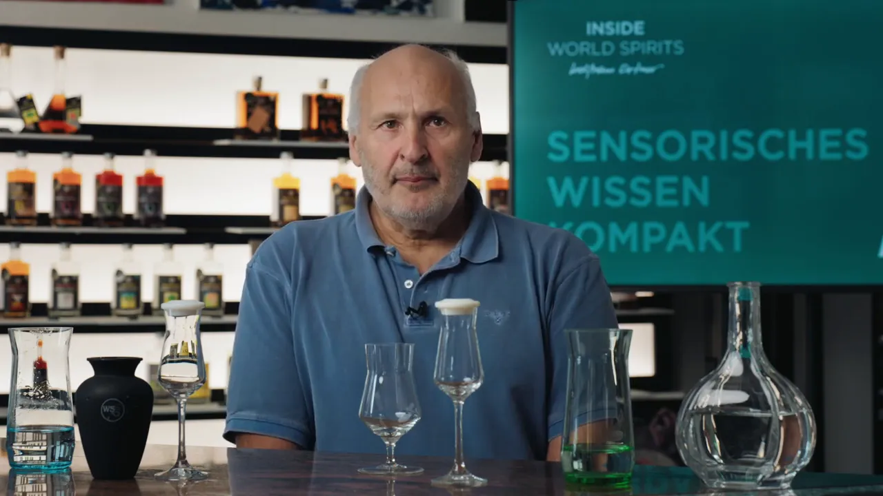 sensorik-experte frontal mit verschiedenen gläsern und karaffen auf tisch