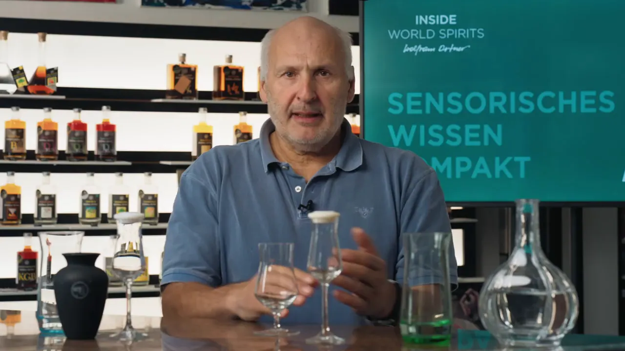 Experte hält ein Glas im Verkostungs-Setting vor Spirituosenregalen und grünem Hintergrund