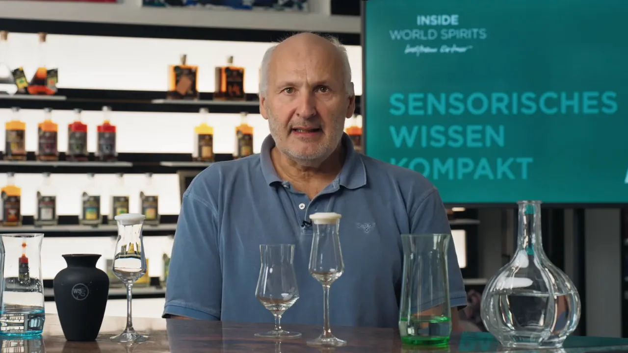 Moderator vor Verkostungs-Gläsern und Dekanter, Banner mit ‚Sensorisches Wissen Kompakt‘ im Hintergrund