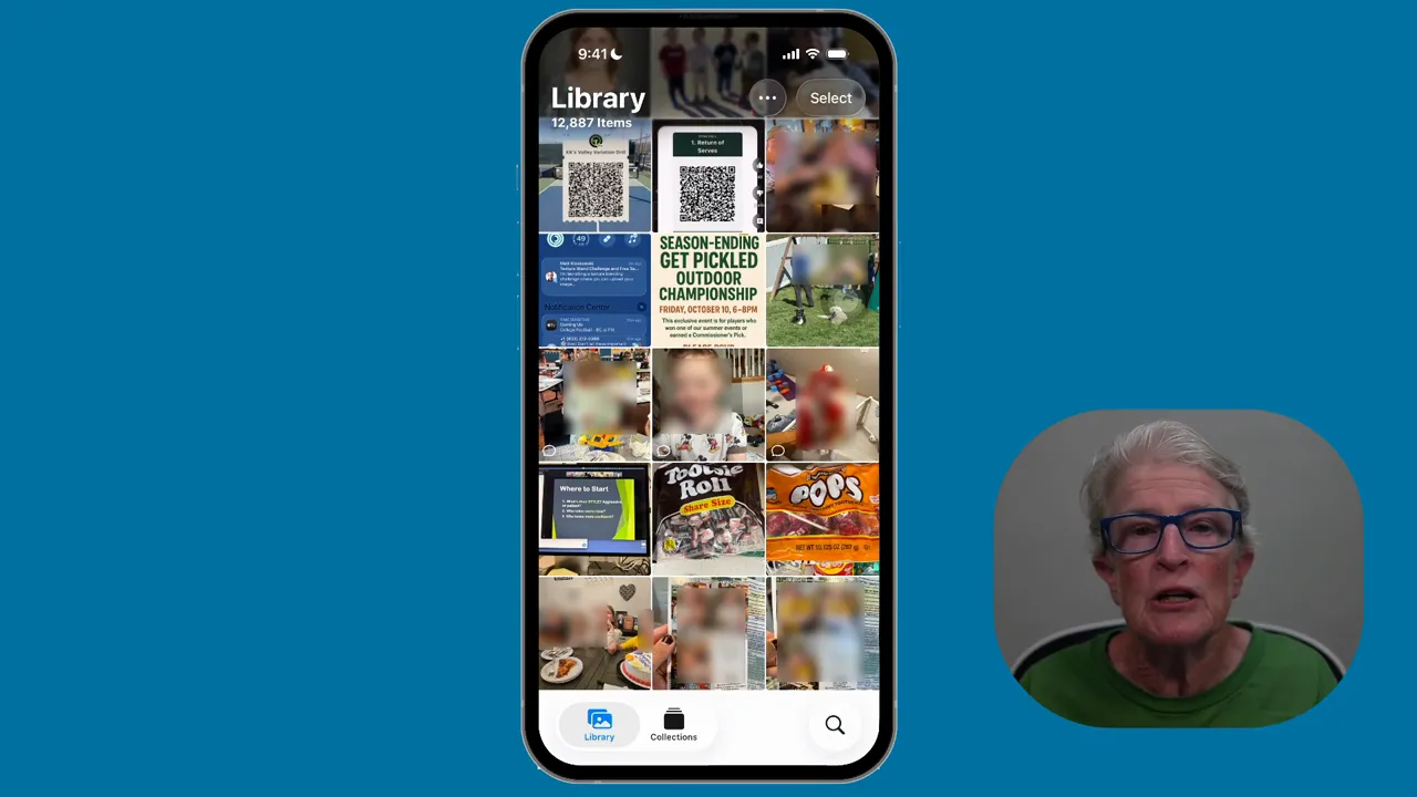 Photos app bottom tab bar with Library, Collections, Search
