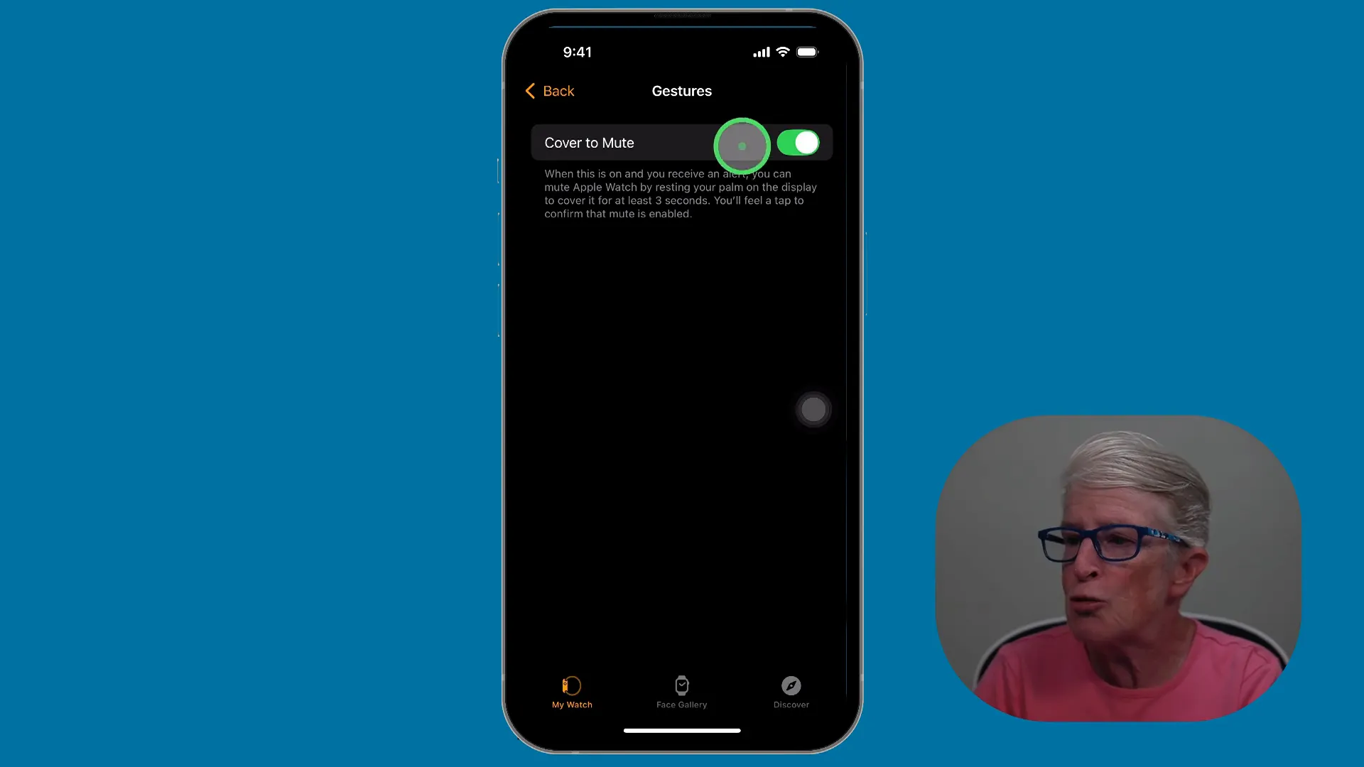 Cover to Mute option toggled on in the Watch app