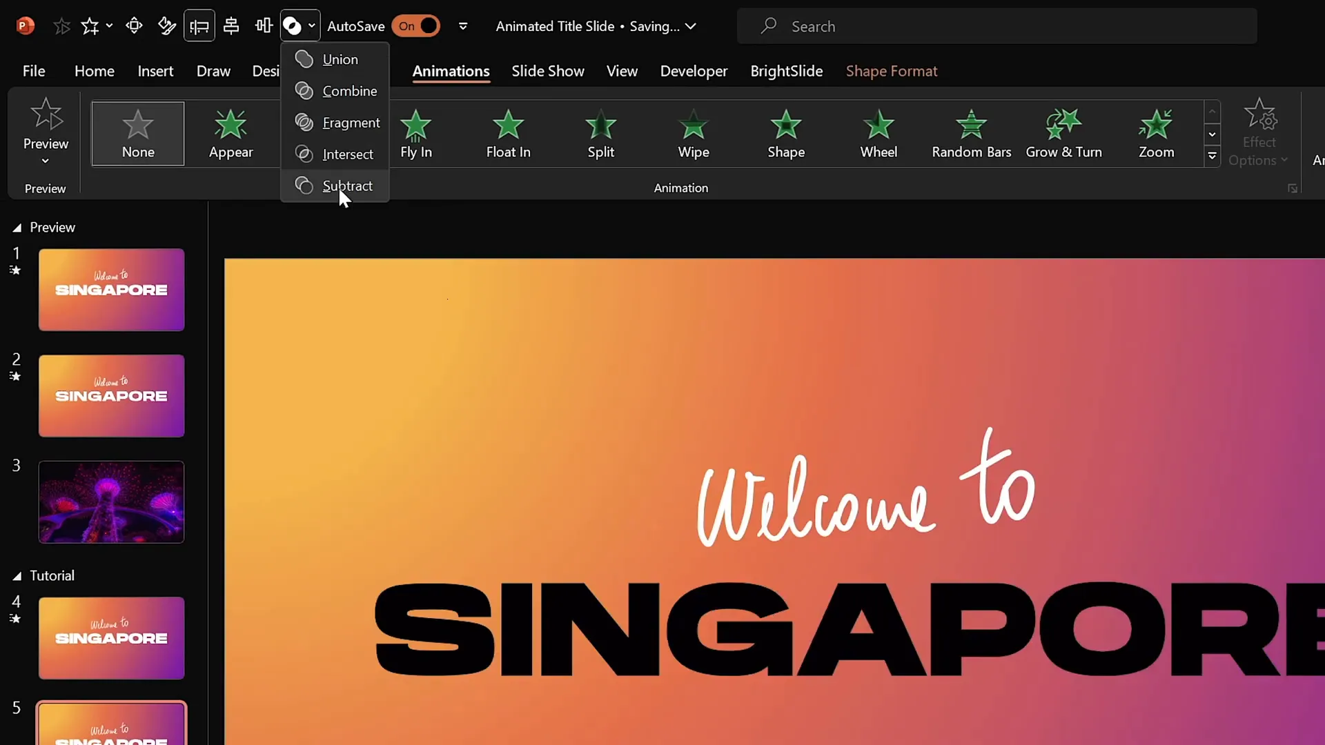 Using merge shapes subtract to create cutout text effect in PowerPoint