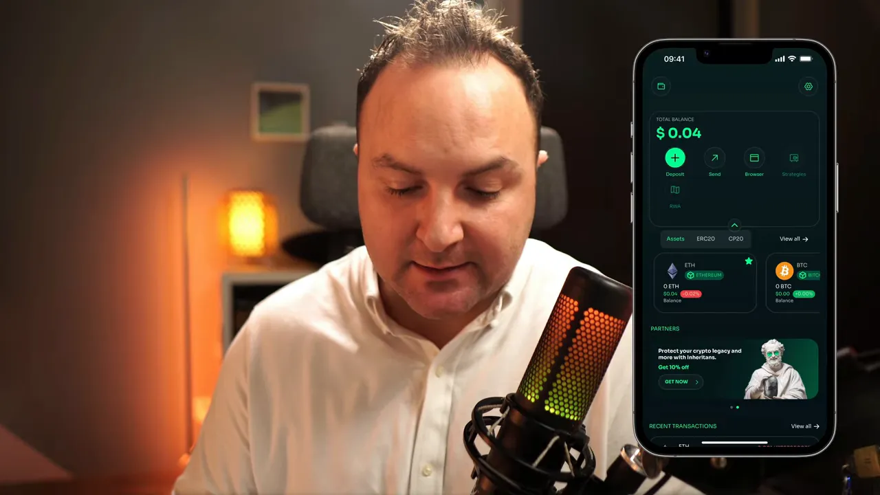 Captura clara del panel principal de blockvault con saldo $0.04, botones de Deposit/Send/Browser/Strategies y tarjetas de ETH y BTC