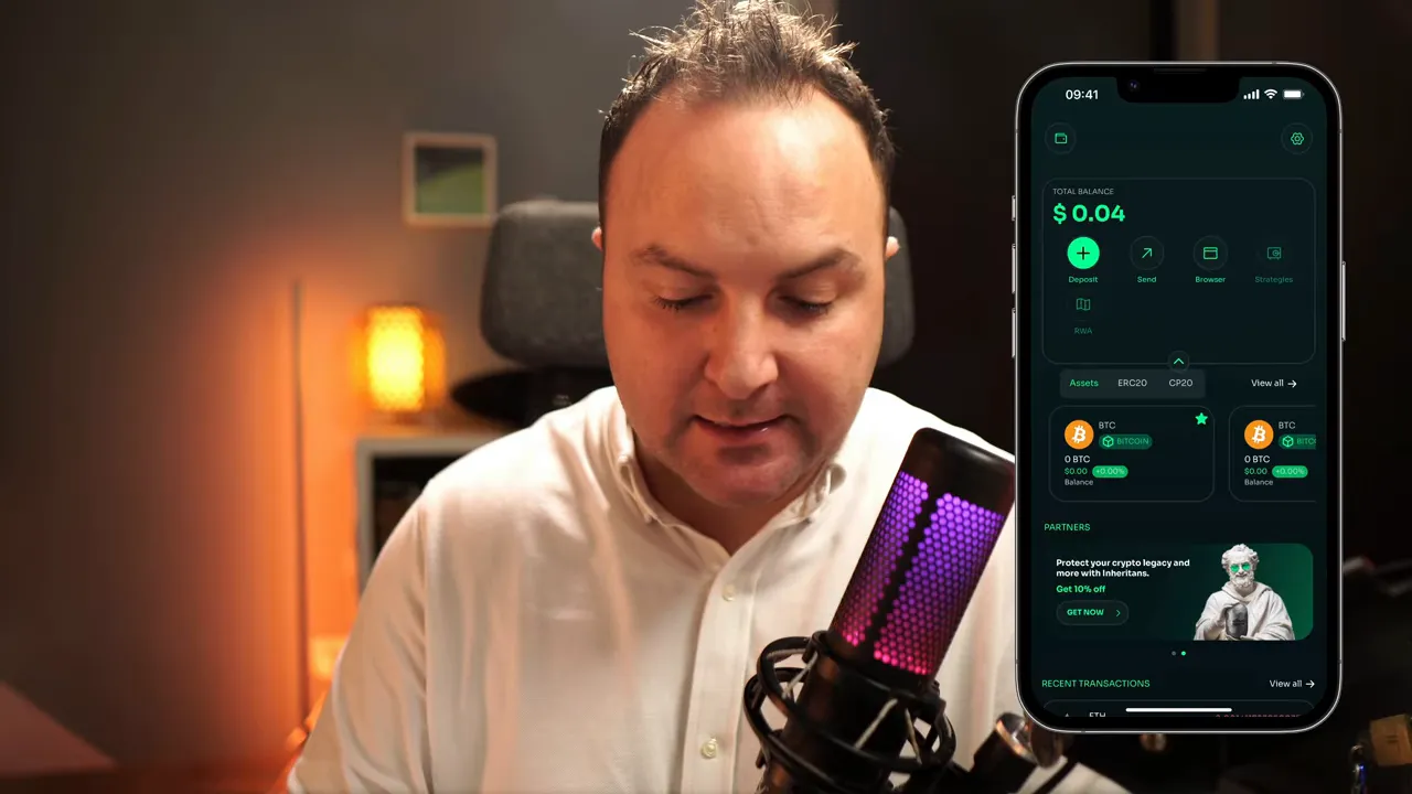 Pantalla principal de blockvault en móvil mostrando $0.04 y botones Deposit, Send, Browser y Strategies, interfaz clara