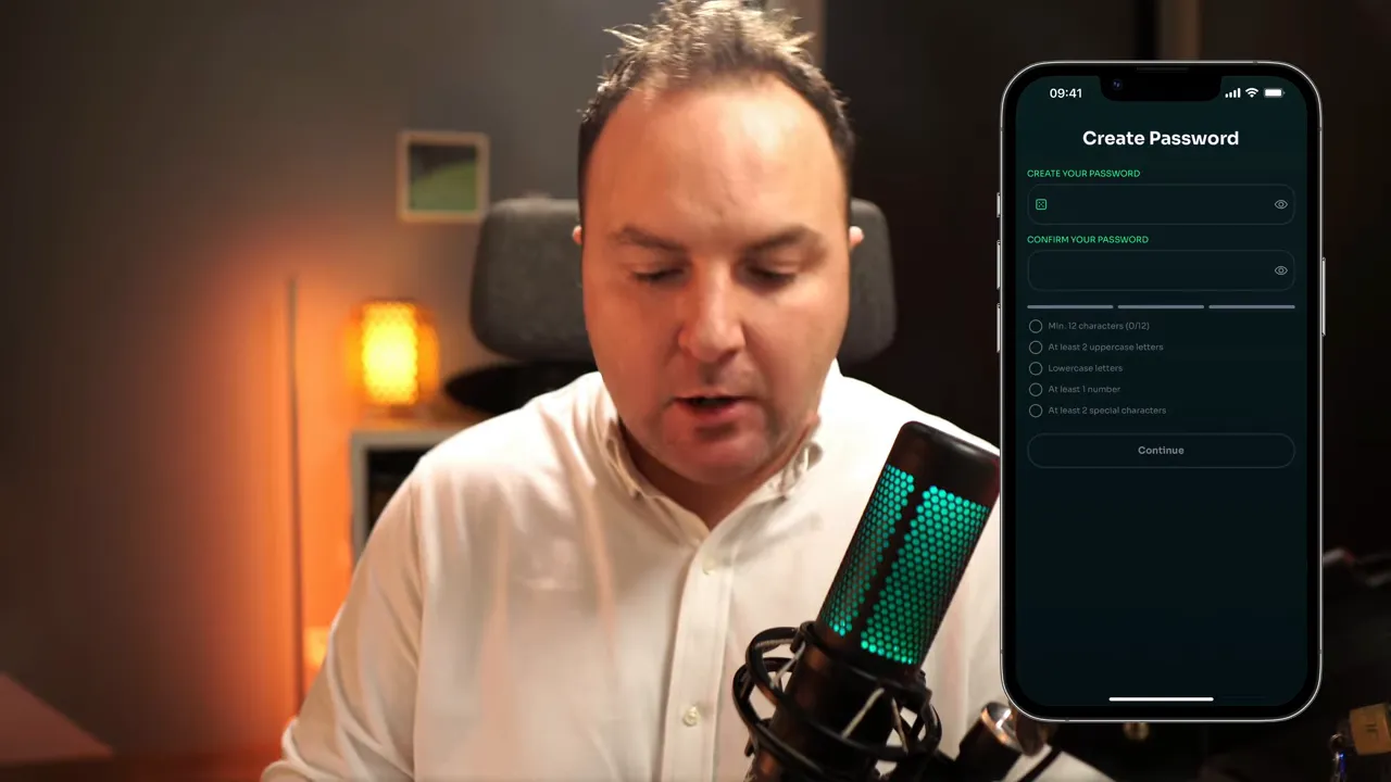 Pantalla 'Create Password' de blockvault con campos para crear y confirmar contraseña y lista de requisitos