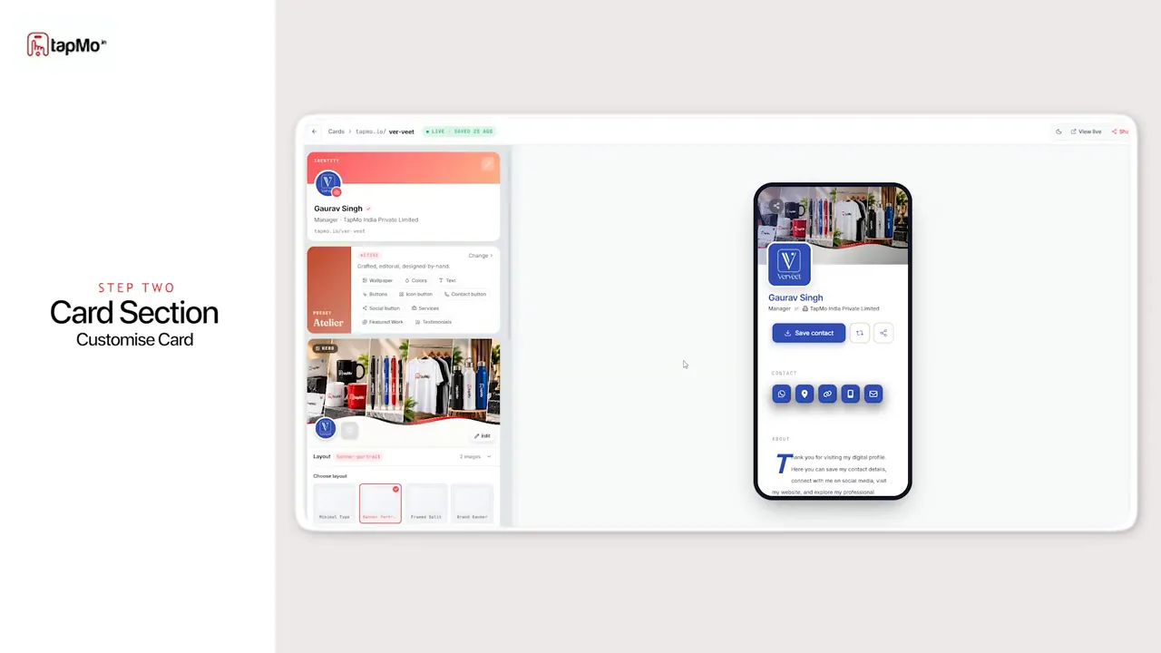 TapMo card editor with editing controls beside a mobile card preview