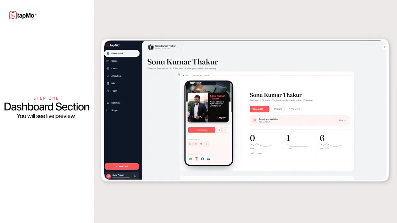 TapMo dashboard with a digital card preview and activity metrics