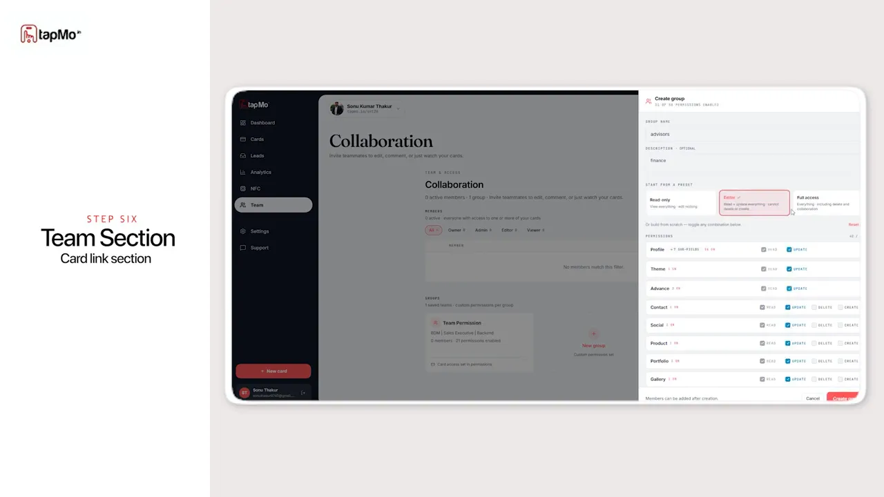 TapMo collaboration settings panel with a list of permission controls
