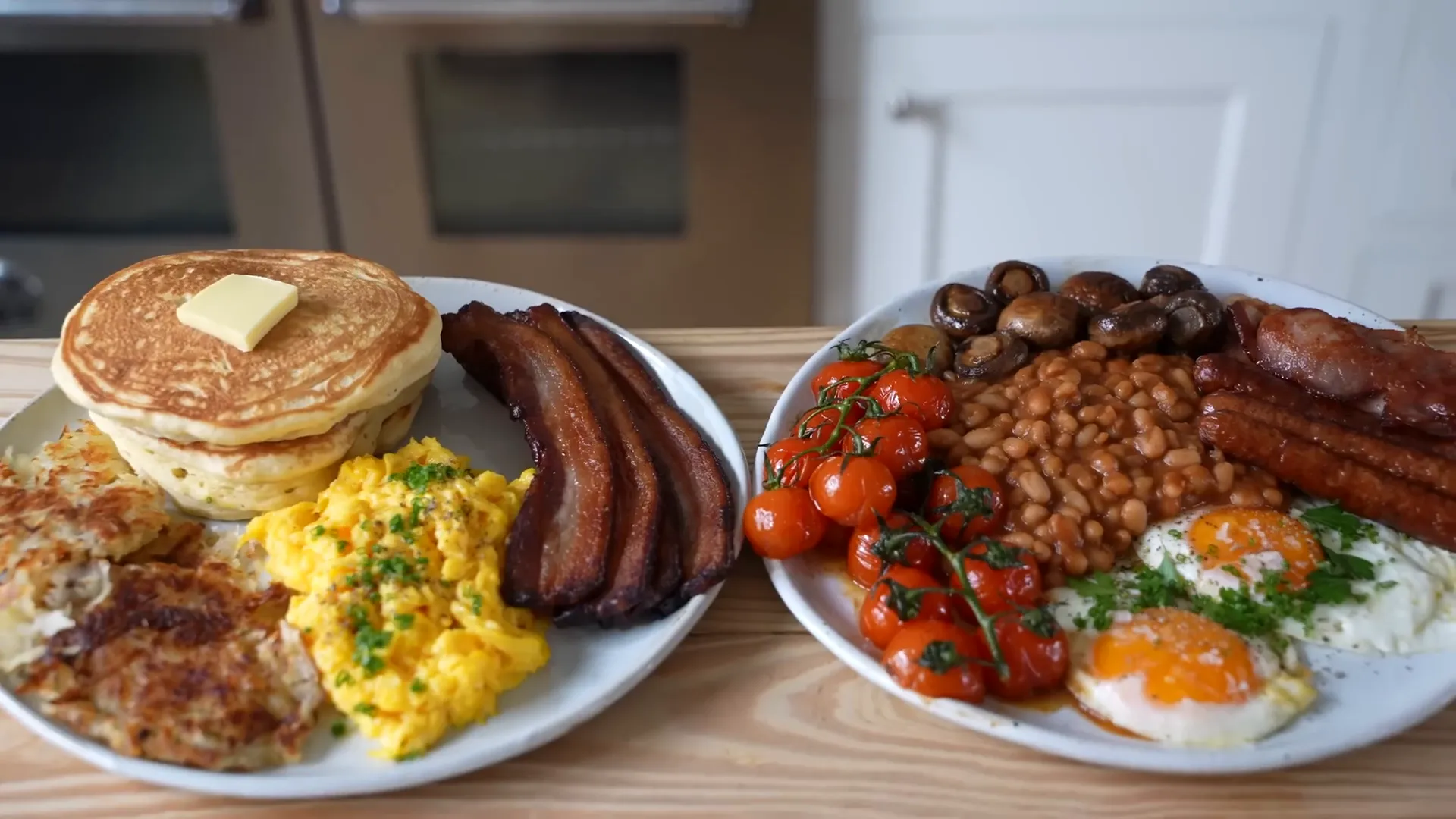 Side-by-side ingredients for American and Full English breakfast