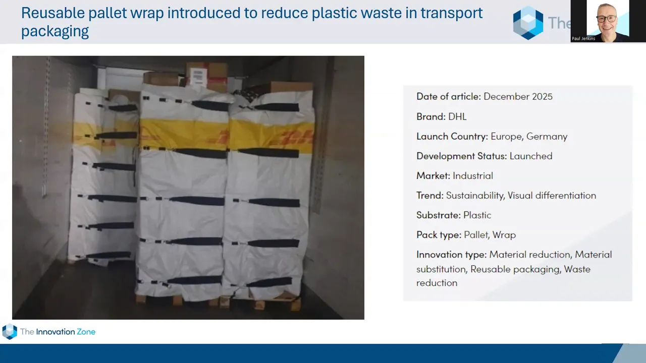 DHL wiederverwendbare Palettenhülle in Weiß/Gelb mit schwarzen Verschlüssen auf einer Europalette