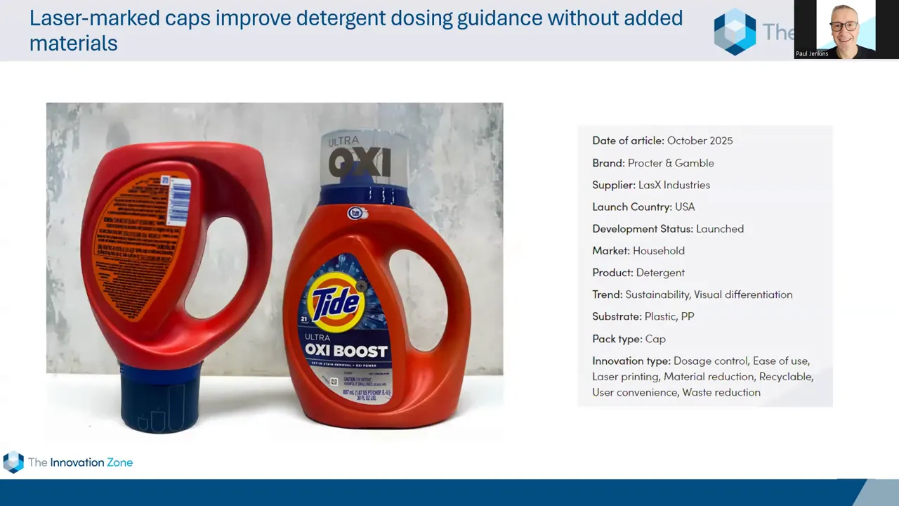 Tide Ultra Oxi Boost Flasche und laser‑markierte Dosierkappe – Verpackungsinnovation von P&G