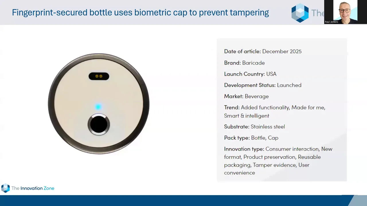 Präsentationsfolie: rundes biometrisches Kappendetail links, erläuternder Textblock rechts; Fingerprint‑gesicherte Flasche.
