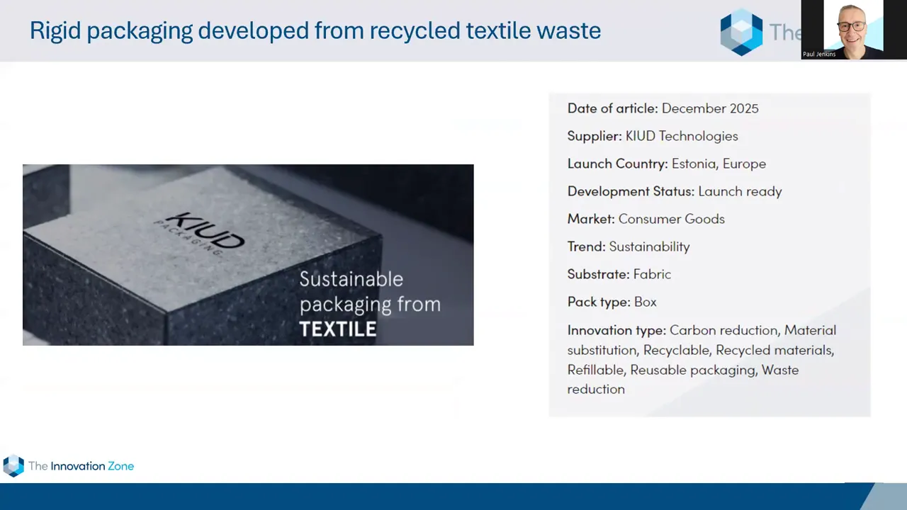 Slide: Rigid packaging developed from recycled textile waste with KIUD box image and innovation details.