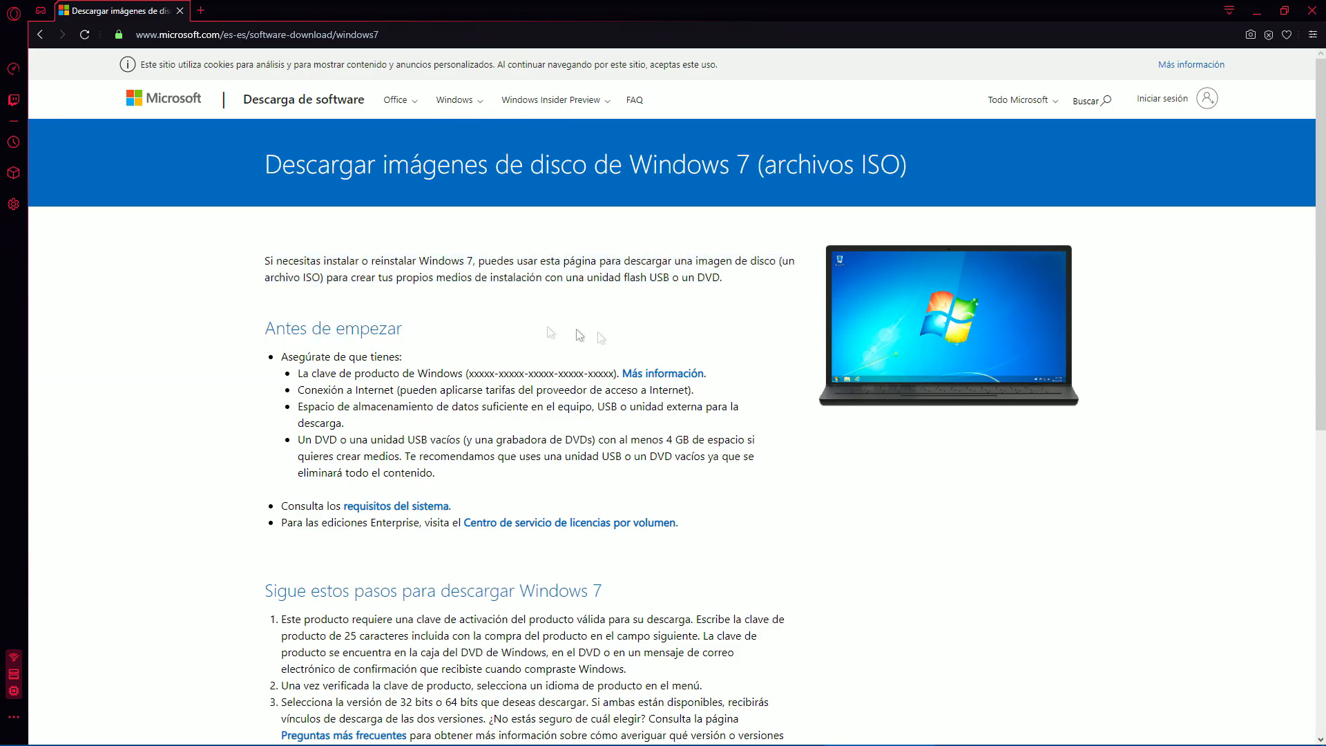 Descargar archivo ISO de Windows 7