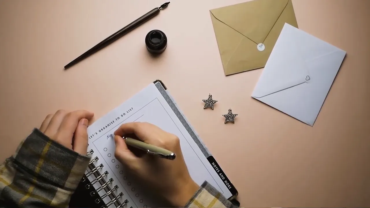 Nahaufnahme: Hand schreibt konkrete Punkte in ein To‑Do‑Notizbuch.