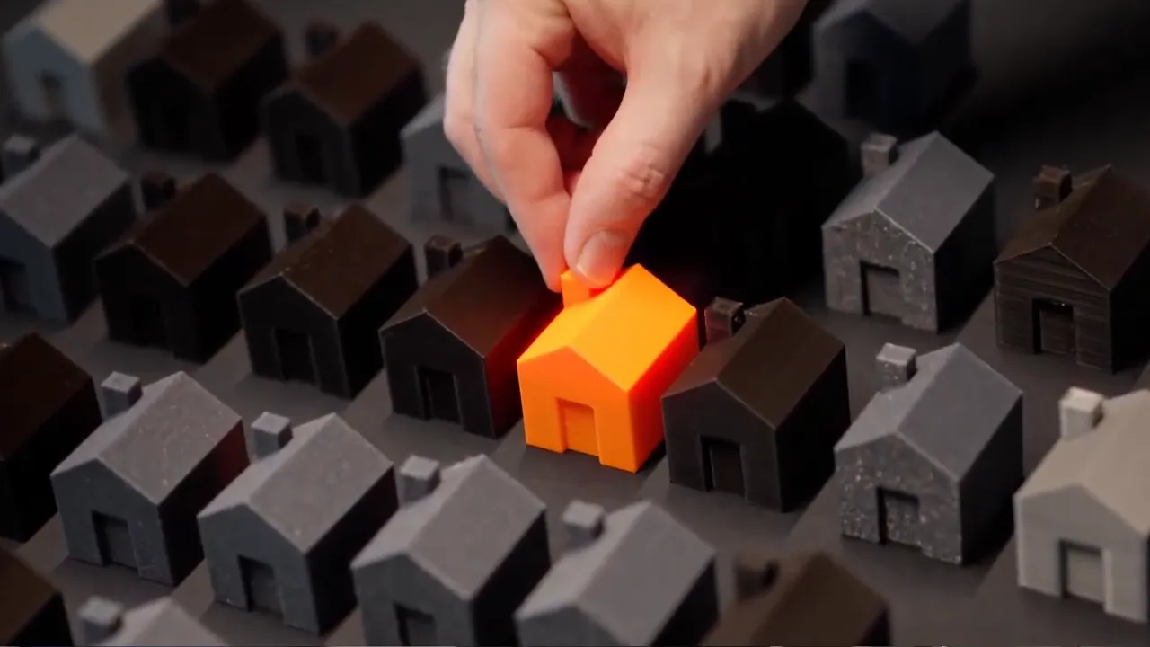 Hand setzt ein orangenes Modellhaus inmitten vieler grauer Häuser als Auswahl hervor