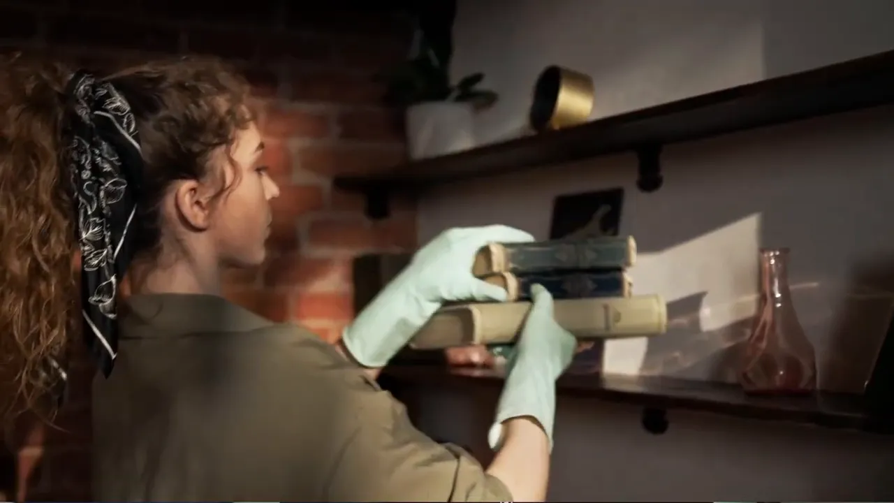 Person mit Gummihandschuhen stapelt Bücher beim Ausräumen eines Regals