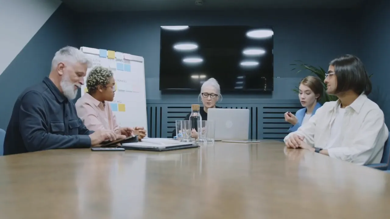 Mehrere Teammitglieder in einem Meetingraum diskutieren über Aufgaben und Entscheidungen