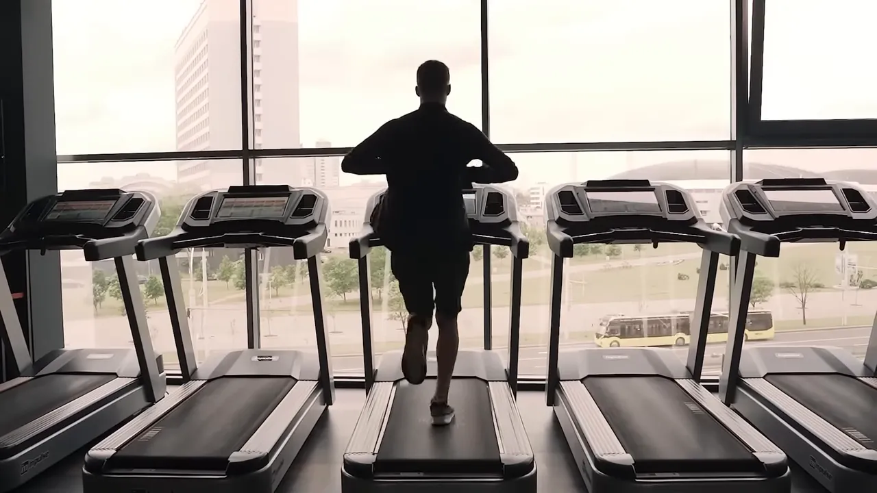 Person läuft auf Laufband im Fitnessstudio, mehrere Laufbänder vor Fenster