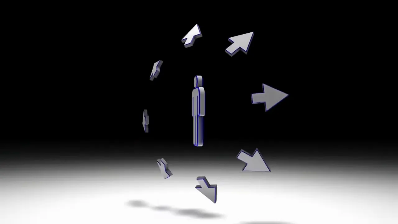 Symbolische Grafik eines Menschen in der Mitte mit Pfeilen, die in verschiedene Richtungen weisen