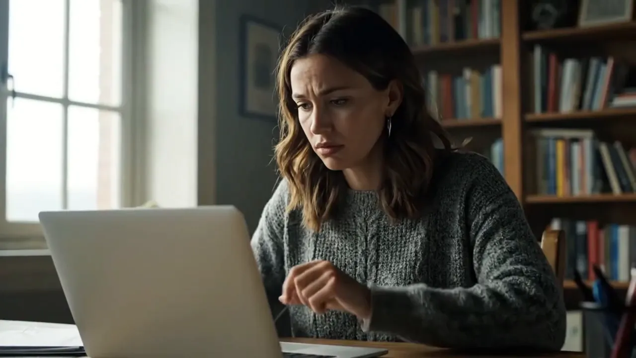Frau schaut besorgt auf den Laptopbildschirm, offenbar verwirrt von einer Nachricht