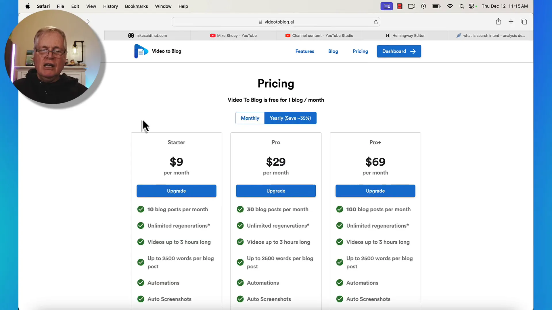 Pricing plans for Video to Blog