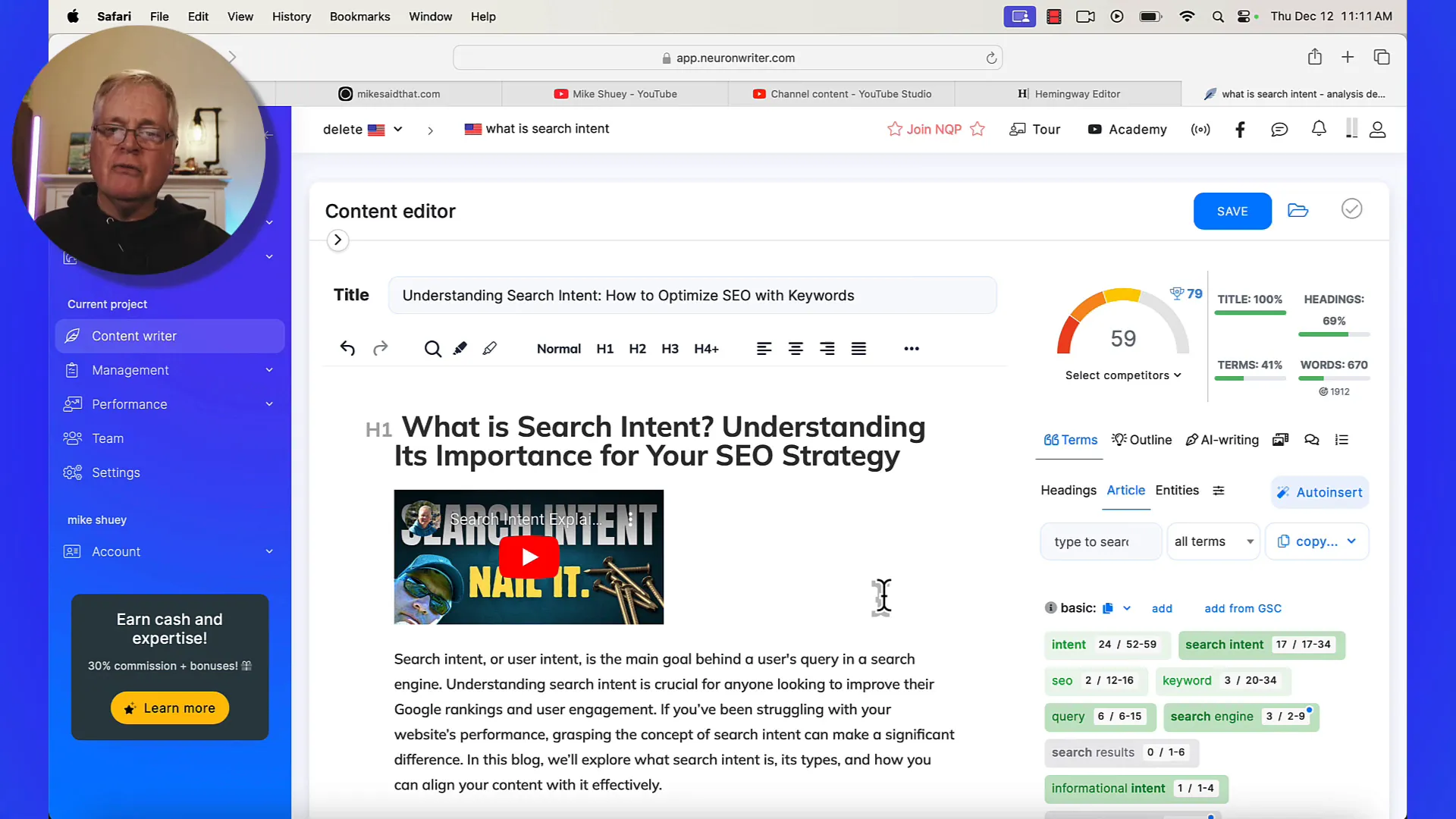 Analyzing content structure in Neuronwriter