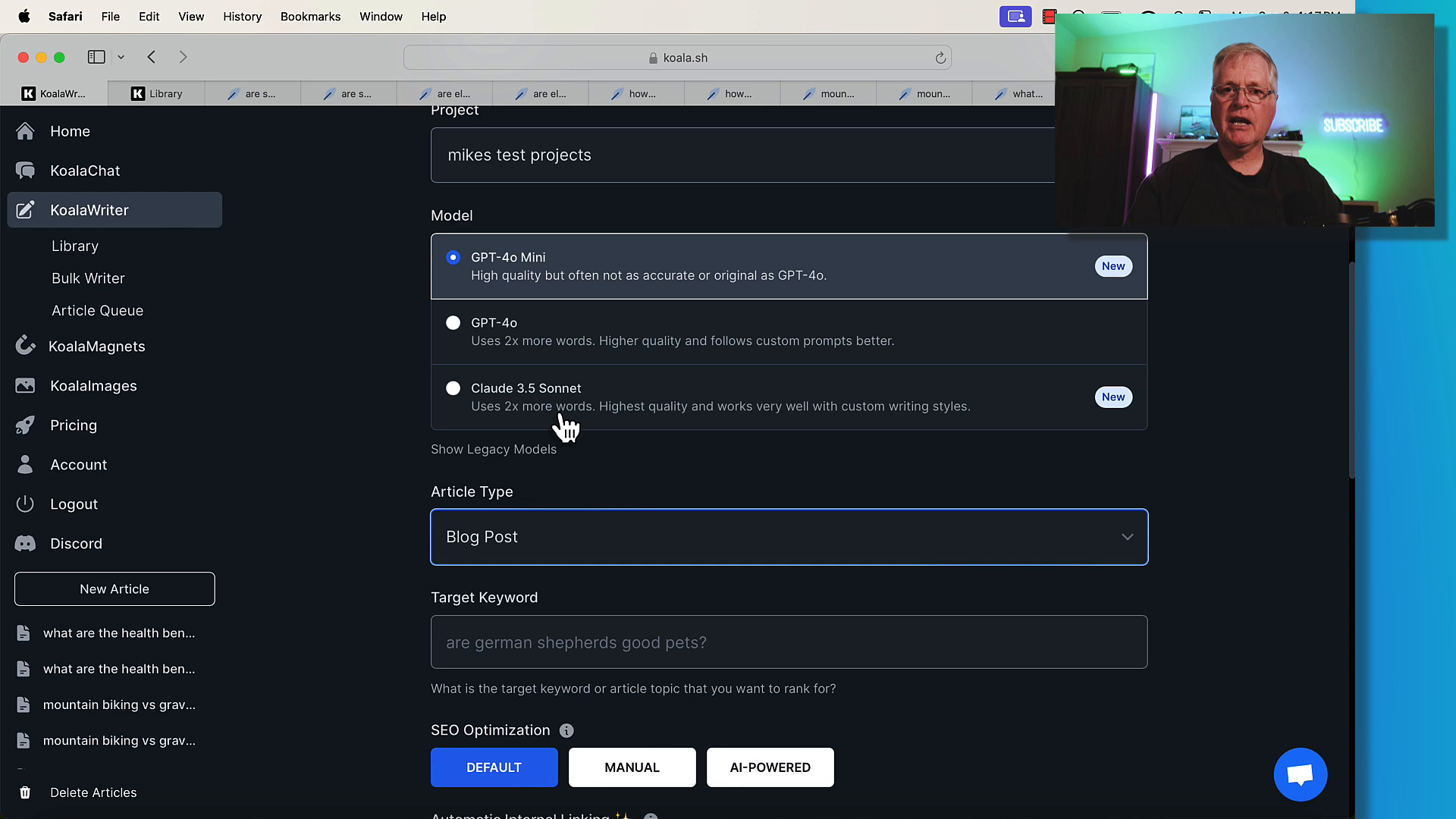 Different language models in KoalaWriter